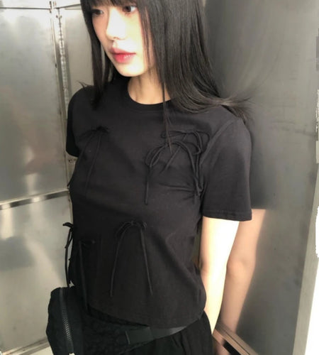 Y2k Aesthetic Vintage Summer Bow Tees  Women Harajuku Grunge Bottoming Crop Top 2025 Slim Streetwear Solid Sweet Cute Tshirts
