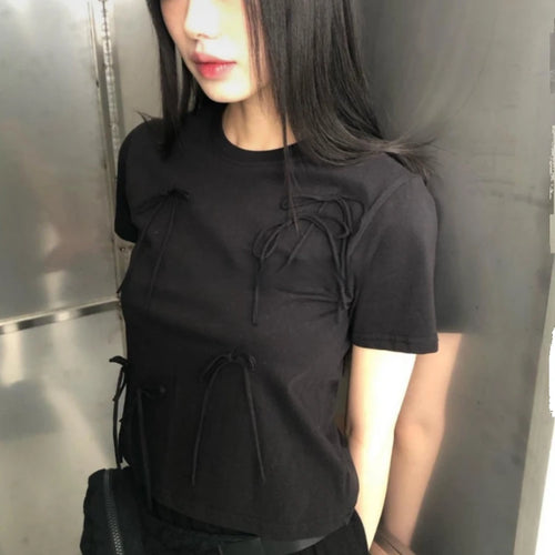 Load image into Gallery viewer, Y2k Aesthetic Vintage Summer Bow Tees  Women Harajuku Grunge Bottoming Crop Top 2025 Slim Streetwear Solid Sweet Cute Tshirts
