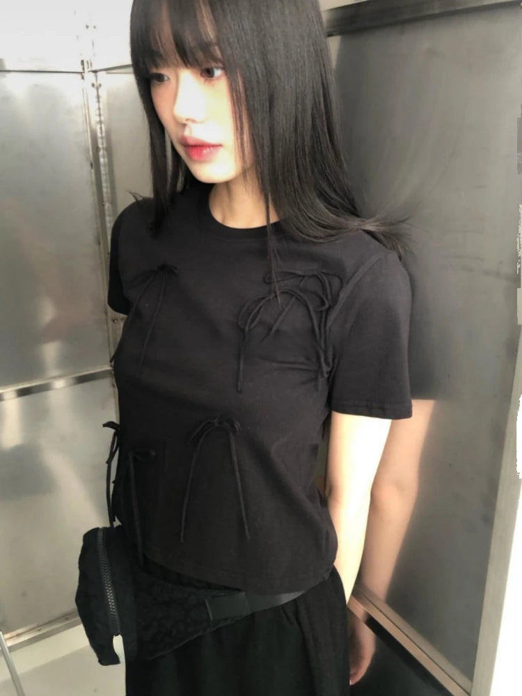 Y2k Aesthetic Vintage Summer Bow Tees  Women Harajuku Grunge Bottoming Crop Top 2025 Slim Streetwear Solid Sweet Cute Tshirts