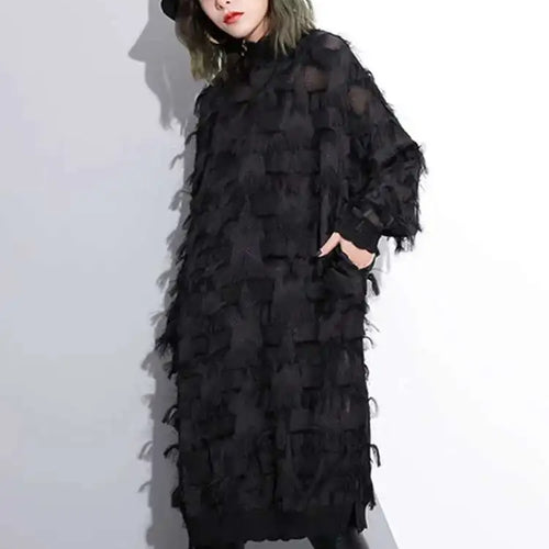 Load image into Gallery viewer, Spring Autumn Stand Collar Long Sleeve Perspective Black Loose Tassels Big Size Dress Women Fashion Tide JI780
