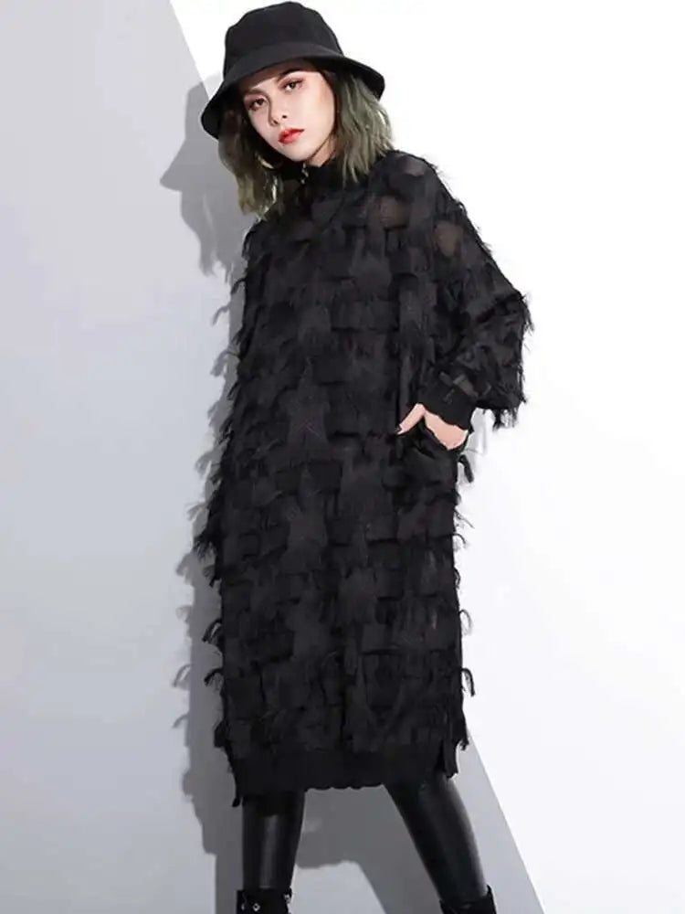 Spring Autumn Stand Collar Long Sleeve Perspective Black Loose Tassels Big Size Dress Women Fashion Tide JI780
