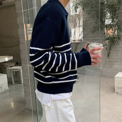 Load image into Gallery viewer, Autumn Men&#39;s Lapel Sweater Long Sleeve Korean Loose Casual Half Zipper Striped Fashion Temperament Male Pullover 9A5791
