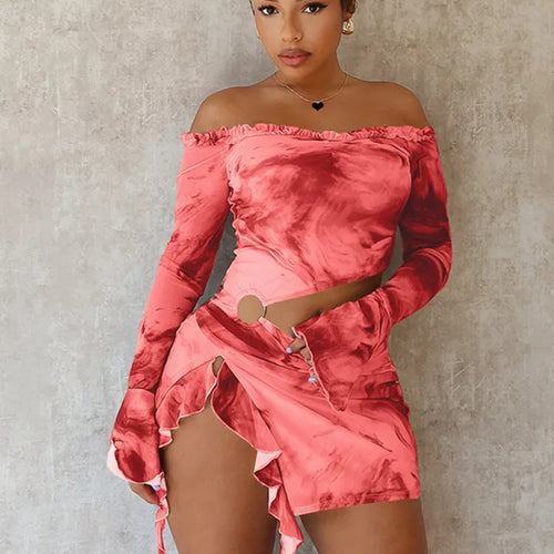 Load image into Gallery viewer, Hollow Out Print Sexy Mini Dress For Women Autumn New Off-shoulder Long Sleeve Bodycon Ruffled Slit Sexy Dress New
