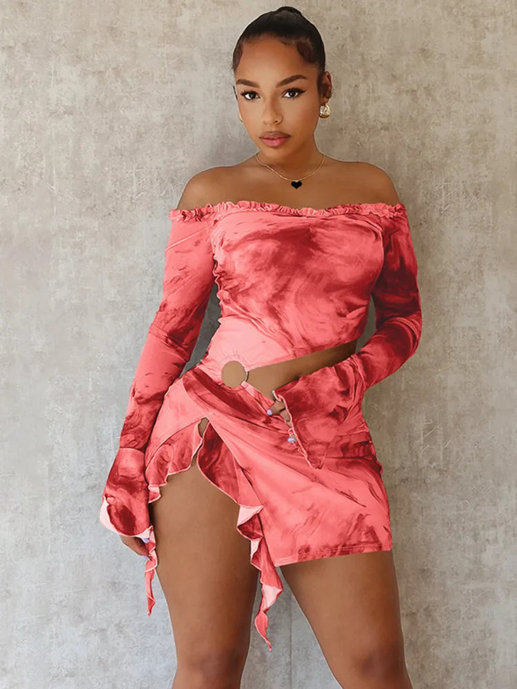 Hollow Out Print Sexy Mini Dress For Women Autumn New Off-shoulder Long Sleeve Bodycon Ruffled Slit Sexy Dress New