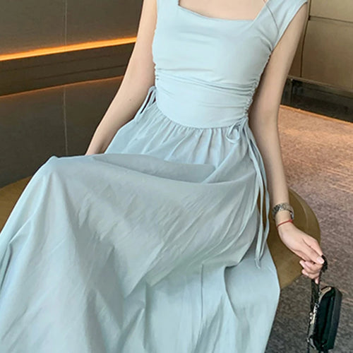 Load image into Gallery viewer, Drawstring Solid Color Chic Women&#39;s Dresses Square Neck Sleeveless Elegant Female Tank Dress Casual Streetwear Outfits
