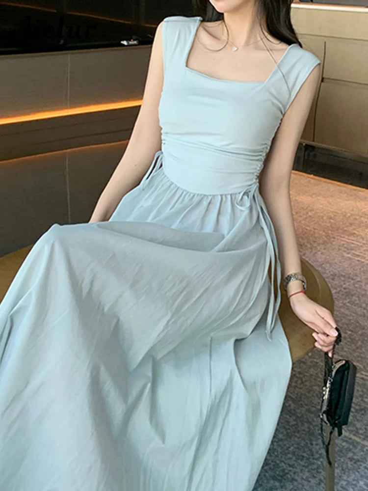 Drawstring Solid Color Chic Women's Dresses Square Neck Sleeveless Elegant Female Tank Dress Casual Streetwear Outfits