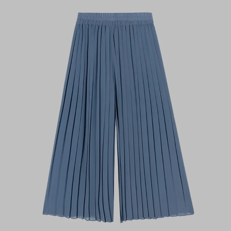 Summer Pleated Chiffon Wide-leg Pants Women Casual Black Midi Pant Skirts Female High-waist Straight Women's Pant