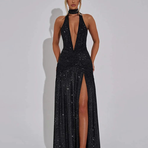 Load image into Gallery viewer, Glitter Deep V Neck Sexy Maxi Dress For Women 2025 Fashion Sparkle Halter Sleeveless Backless Split Club Long Dress
