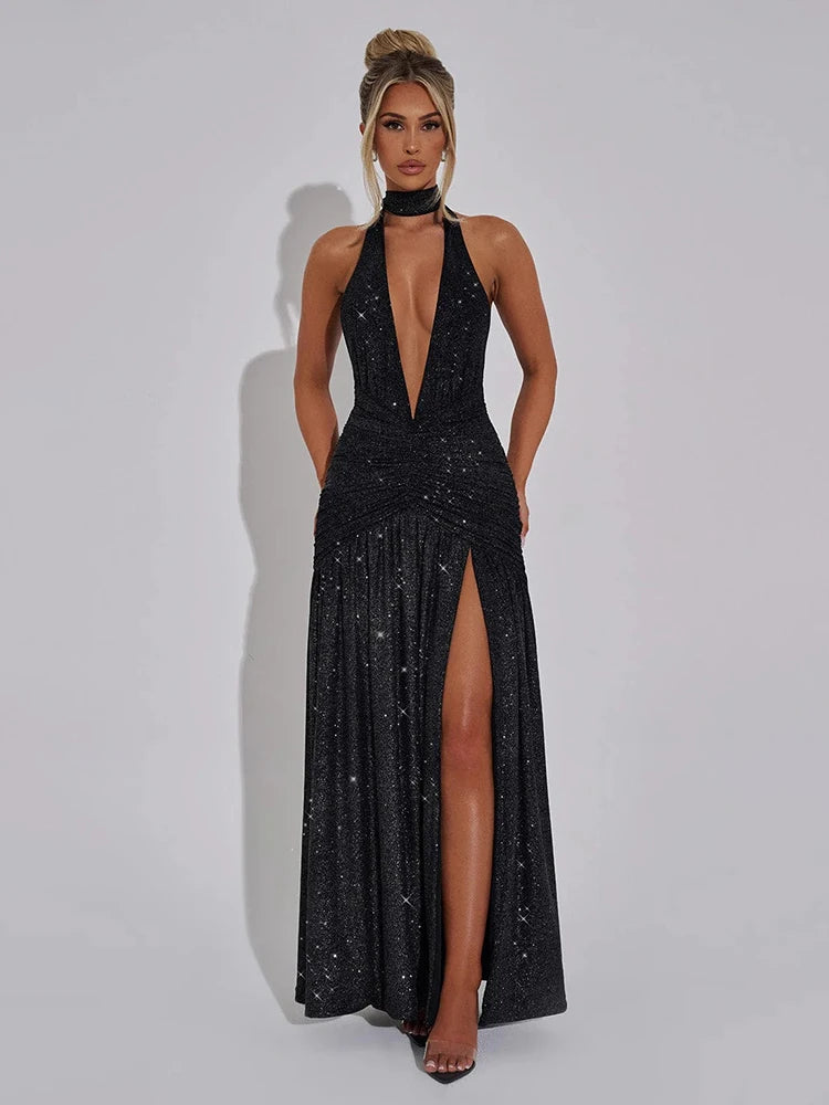 Glitter Deep V Neck Sexy Maxi Dress For Women 2025 Fashion Sparkle Halter Sleeveless Backless Split Club Long Dress