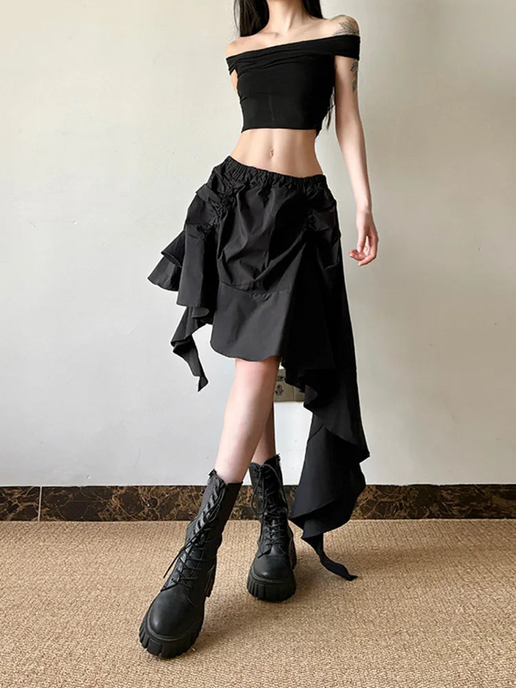 High Elastic Waist Black Irregular Design Ruffles Mini Half-body Skirt Women Fashion Tide New Spring Autumn 2025 1DJ0530
