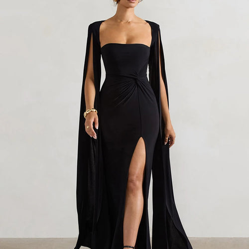 Load image into Gallery viewer, Long Cape Sleeve Split Maxi Dress For Women Gown Fashion Solid Square Collar Evening Sexy Long Dress Elegant New
