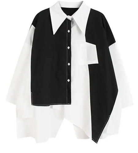 Women Black Color-block Irregular Big Size Blouse New Lapel Long Sleeve Loose Fit Shirt Fashion Spring Autumn 2025 1DE7482