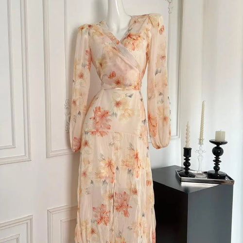 Load image into Gallery viewer, Vintage Women Orange Print V Neck High Waist Long Sleeves A-line Pleated Party Prom Dress Autumn Slim Bow Bandage Dress Bohemian
