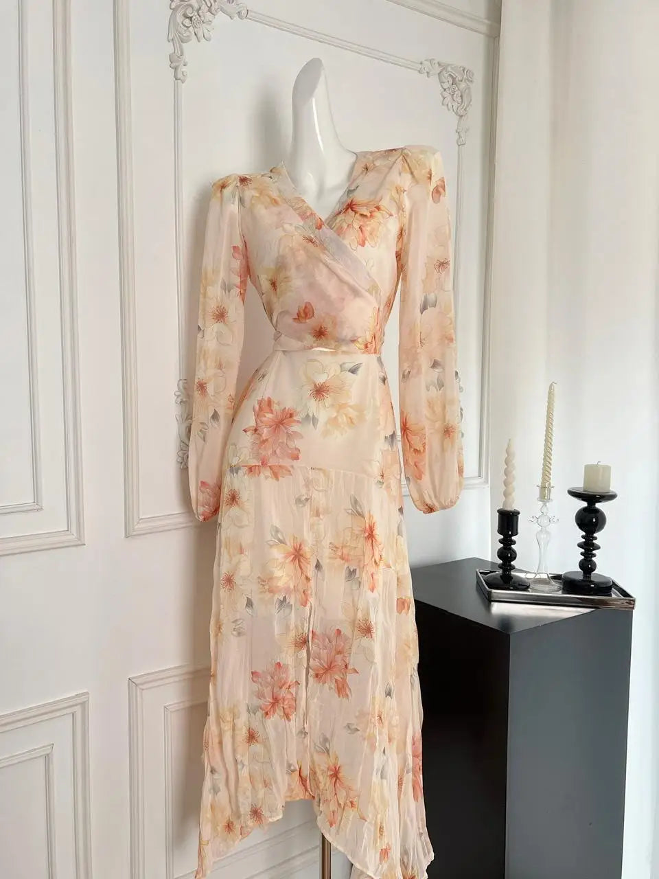 Vintage Women Orange Print V Neck High Waist Long Sleeves A-line Pleated Party Prom Dress Autumn Slim Bow Bandage Dress Bohemian