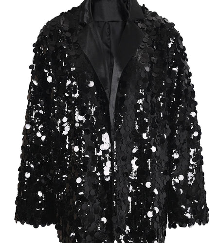 Black Sequins Shining Big Size Casual Jacket New Lapel Long Sleeve Women Coat Fashion Tide Spring Autumn 2025 CPG1020