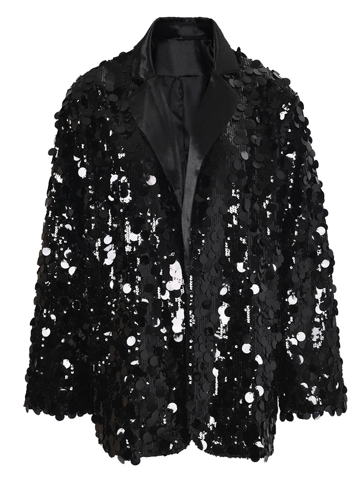 Black Sequins Shining Big Size Casual Jacket New Lapel Long Sleeve Women Coat Fashion Tide Spring Autumn 2025 CPG1020