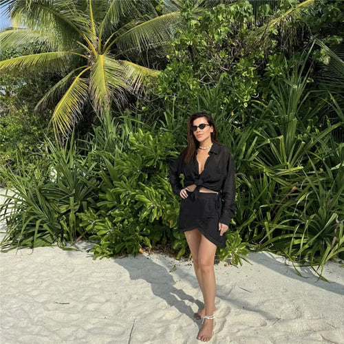 Load image into Gallery viewer, Summer Beach Two Piece Sets Women Long Sleeve Shirt And Mini Skirt Female See Through Loose 2 Piece Set Beachwear
