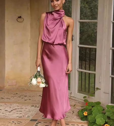 Elegant Sleeveless Satin Bodycon Dress Women 2024 Summer Irregular Hanging Neck Evening Dress Mid Dress Party Clubwear