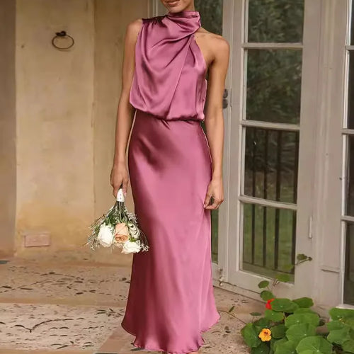 Load image into Gallery viewer, Elegant Sleeveless Satin Bodycon Dress Women 2024 Summer Irregular Hanging Neck Evening Dress Mid Dress Party Clubwear
