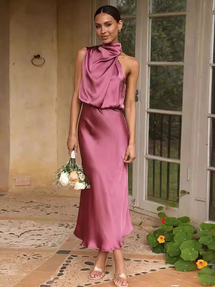 Elegant Sleeveless Satin Bodycon Dress Women 2024 Summer Irregular Hanging Neck Evening Dress Mid Dress Party Clubwear