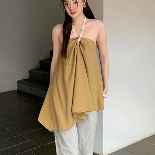 Load image into Gallery viewer, Folds Loose Tank Tops For Women Halter Sleeveless Off Shoulder Summer Sexy Minimalist Vest Female Fashion
