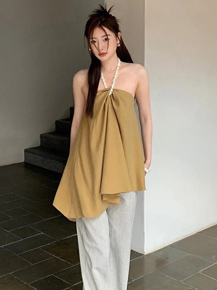 Folds Loose Tank Tops For Women Halter Sleeveless Off Shoulder Summer Sexy Minimalist Vest Female Fashion