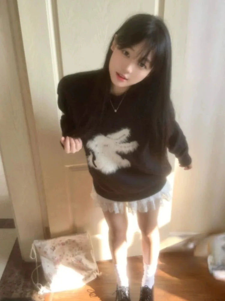 Y2k Aesthetic Vintage Kawaii Sweater Pullover 2025 New Autumn Winter Cartoon Jacquard Tops Women Streetwear Grunge Fairy Jumpers