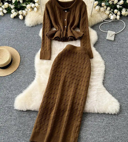 Vintage Solid Round Neck Button Ruffles Knitwear Sweater Tops And High Waist Long Skirt Two Piece Set Women Autumn Winter Simple