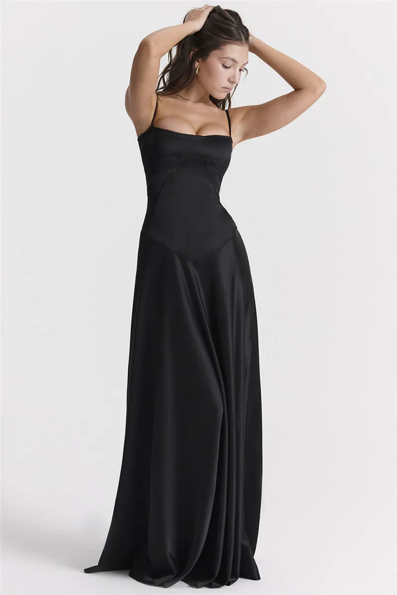 Lace-up Satin Maxi Slipdress Women Black Spaghetti Strap Sleeveless Backless Maxi Dress Femme Club Party Evening Dress