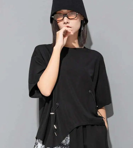 Women Black Irregular Big Size Casual T-shirt New O-Neck Short Sleeve Fashion Loose Fit Tide Spring Summer 2025 1DF6521