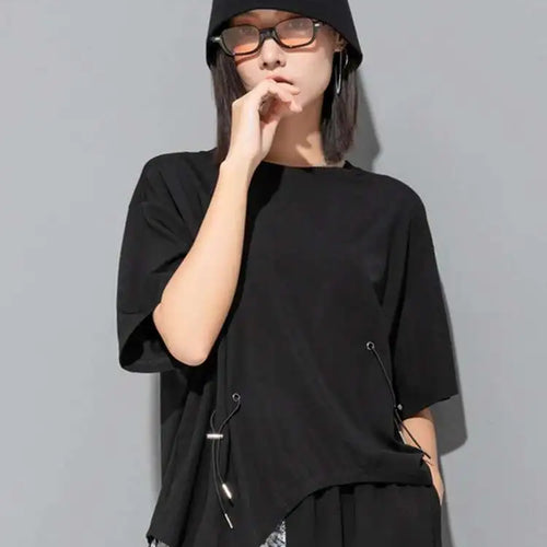 Load image into Gallery viewer, Women Black Irregular Big Size Casual T-shirt New O-Neck Short Sleeve Fashion Loose Fit Tide Spring Summer 2025 1DF6521
