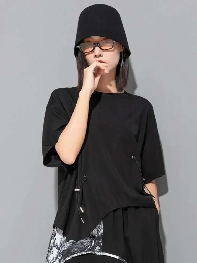 Women Black Irregular Big Size Casual T-shirt New O-Neck Short Sleeve Fashion Loose Fit Tide Spring Summer 2025 1DF6521
