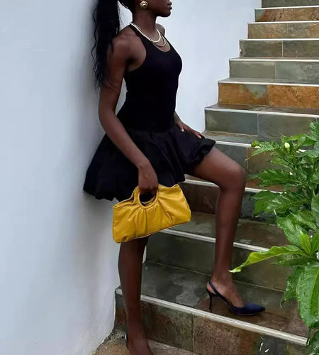 Black Sleeveless Puffy Dress For Women Fashion Round Neck High Waist Backless A-line Loose Sexy Dress Clothes