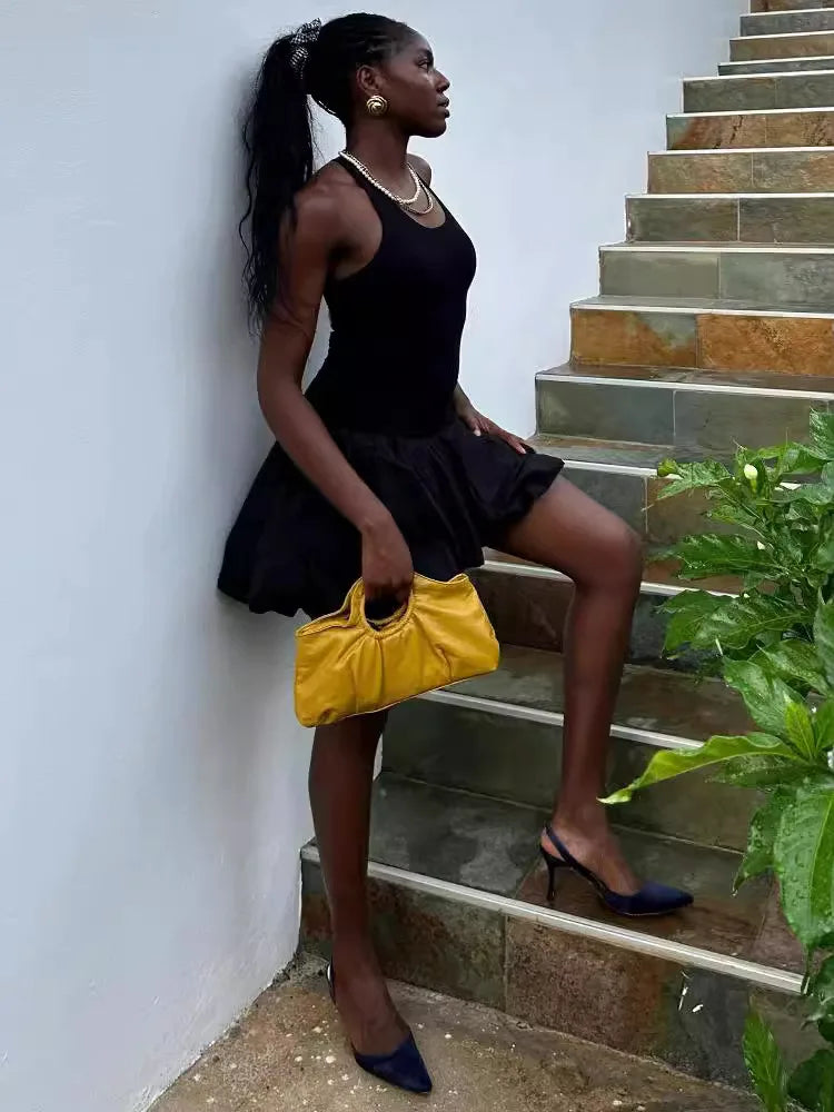 Black Sleeveless Puffy Dress For Women Fashion Round Neck High Waist Backless A-line Loose Sexy Dress Clothes