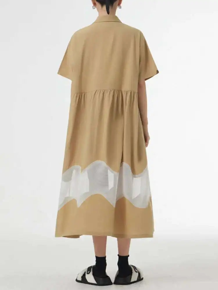 Women Blue Perspective Big Size Shirt Dress New Lapel Short Sleeve Loose Fit Fashion Tide Spring Summer 2025 1DF8791