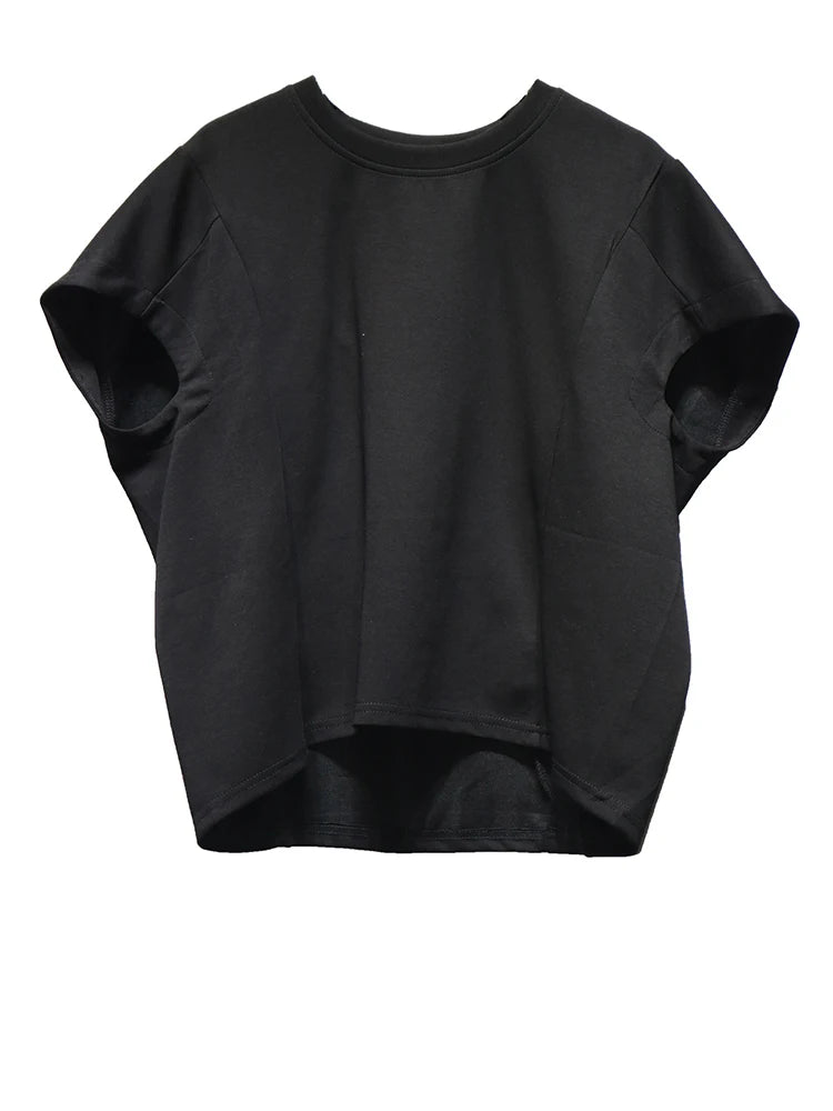 Women Black Irregular Hem Big Size Causal T-shirt New Round Neck Short Sleeve Fashion Tide Spring Summer 2025 1DJ1381
