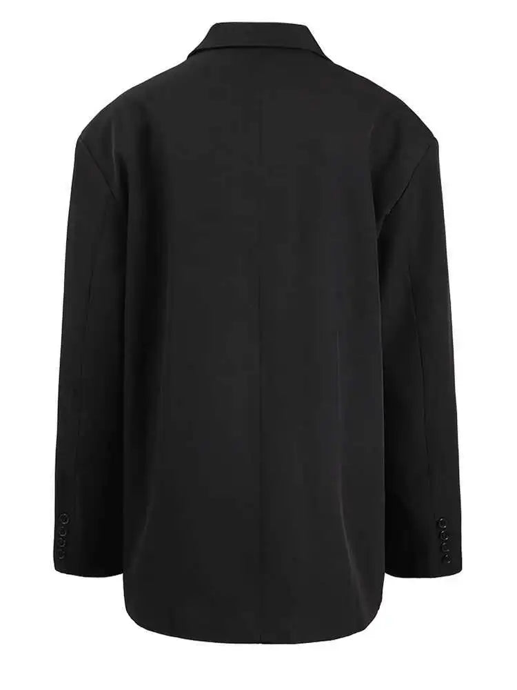 Women Black Leather Buckle Big Size Elegant Blazer New Lapel Long Sleeve Jacket Fashion Tide Spring Autumn 2025 CPG1275