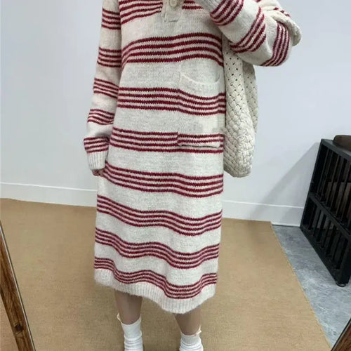 Load image into Gallery viewer, Autumn Winter Striped Hooded Long Sleeved Sweater Long Dresses Korean Fashion Women's Single Breasted Knitted Loose Dress Casual
