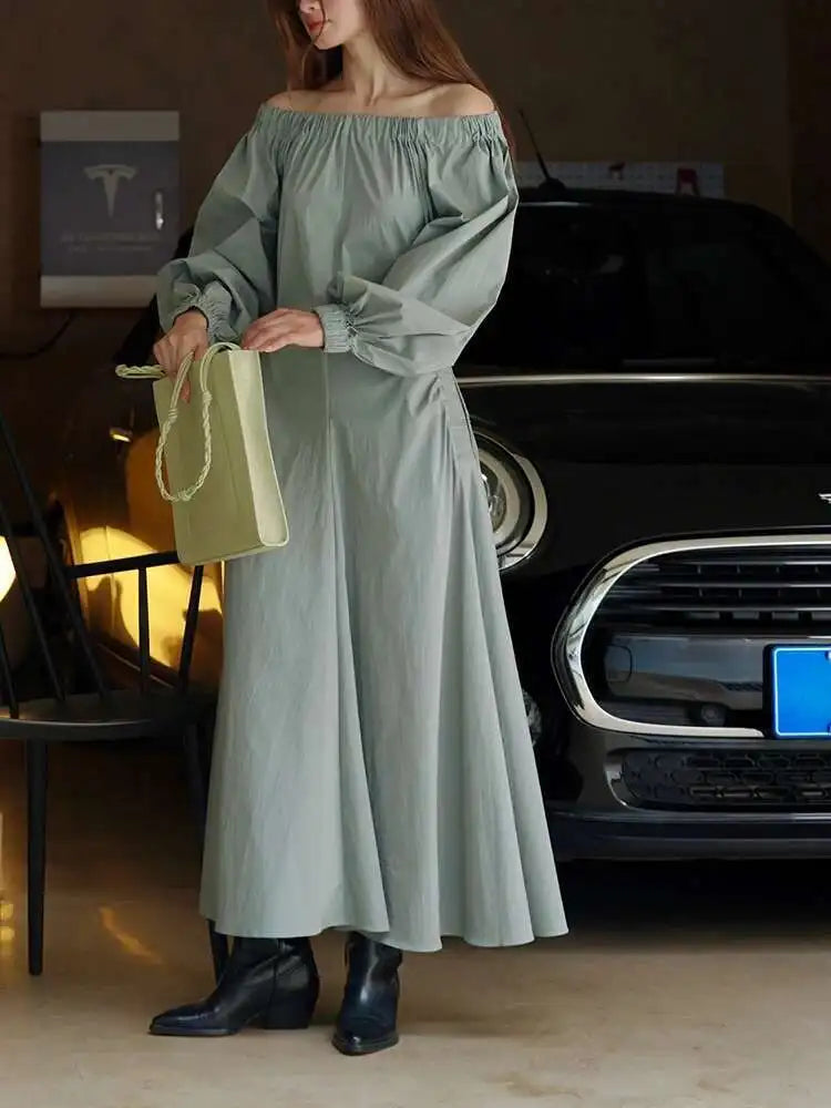 Women Black Brief Long Elegant Dress New Slash Neck Long Puff Sleeve Loose Fit Fashion Tide Spring Autumn 2025 1DF9947