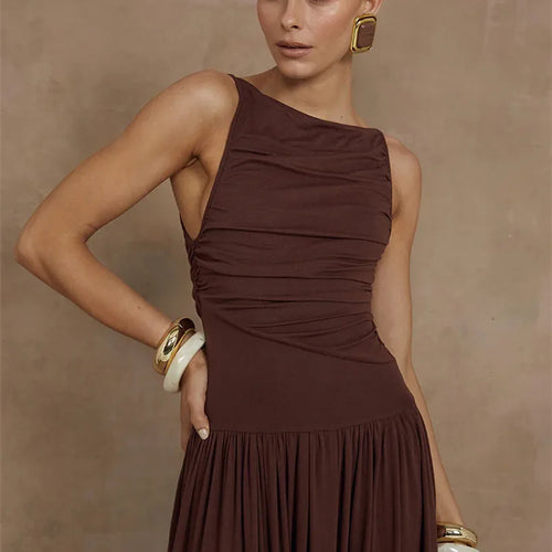 Load image into Gallery viewer, Elegant Sleeveless Maxi Dress For Women Fashion Solid Boat Neck Tank Dresses Ladies Sexy Ruched Long Dress New Gown
