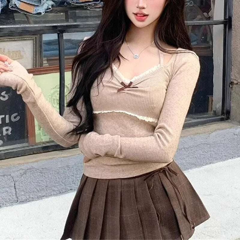 y2k Top Women Fairycore Clothes Lace Trim Long Sleeve Halter Neck T Shirt with Bow 2000s Coquette Clothing Streetwear