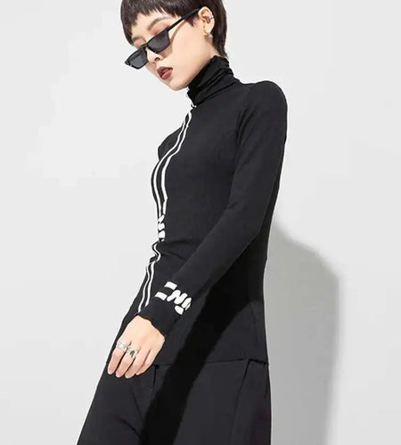 Women Black Letter  Print Slim High Elastic Casual T-shirt New Turtleneck Long Sleeve Fashion Spring Autumn 2025 1DF4651