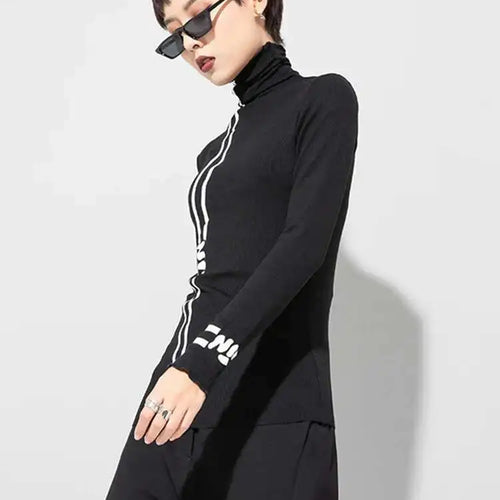 Load image into Gallery viewer, Women Black Letter  Print Slim High Elastic Casual T-shirt New Turtleneck Long Sleeve Fashion Spring Autumn 2025 1DF4651
