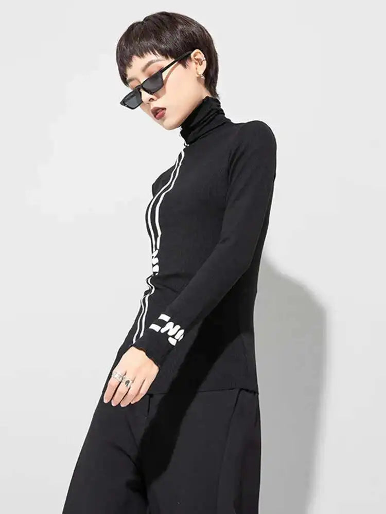 Women Black Letter  Print Slim High Elastic Casual T-shirt New Turtleneck Long Sleeve Fashion Spring Autumn 2025 1DF4651