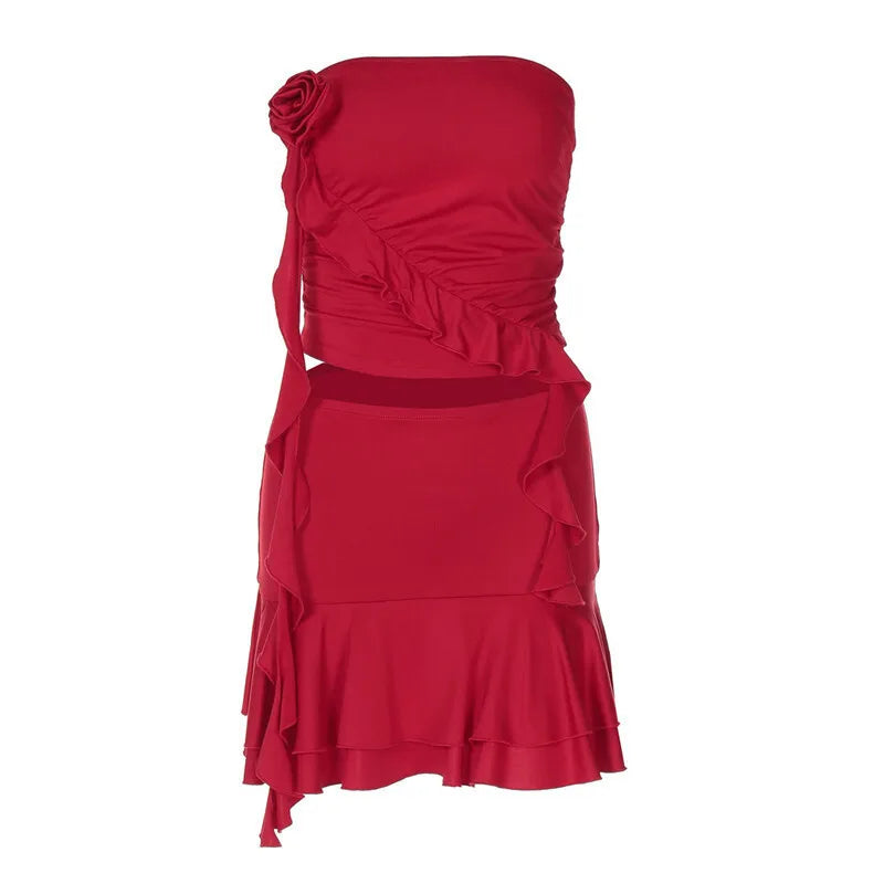 Sexy Women Dress Sets Rose Strapless Crop Tops And Mini Skirt Sets Female Elegant Ruffled Club Party Two Piece Sets
