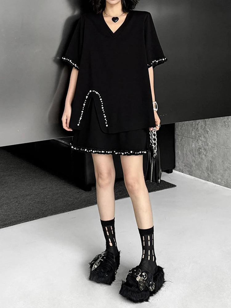 Black Pearled T-shirt Mini Skirt Two Pieces Suit New Round Neck Short Sleeve Women Fashion Spring Summer 2025 1DJ1124