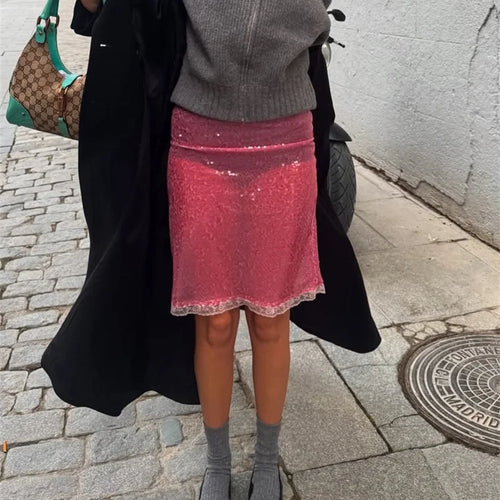 Load image into Gallery viewer, Sequin Summer Beach Sexy Skirt Women Elegant Sparkle High Waist A-line Skirts Female Pink Vacation Club Party Skirt
