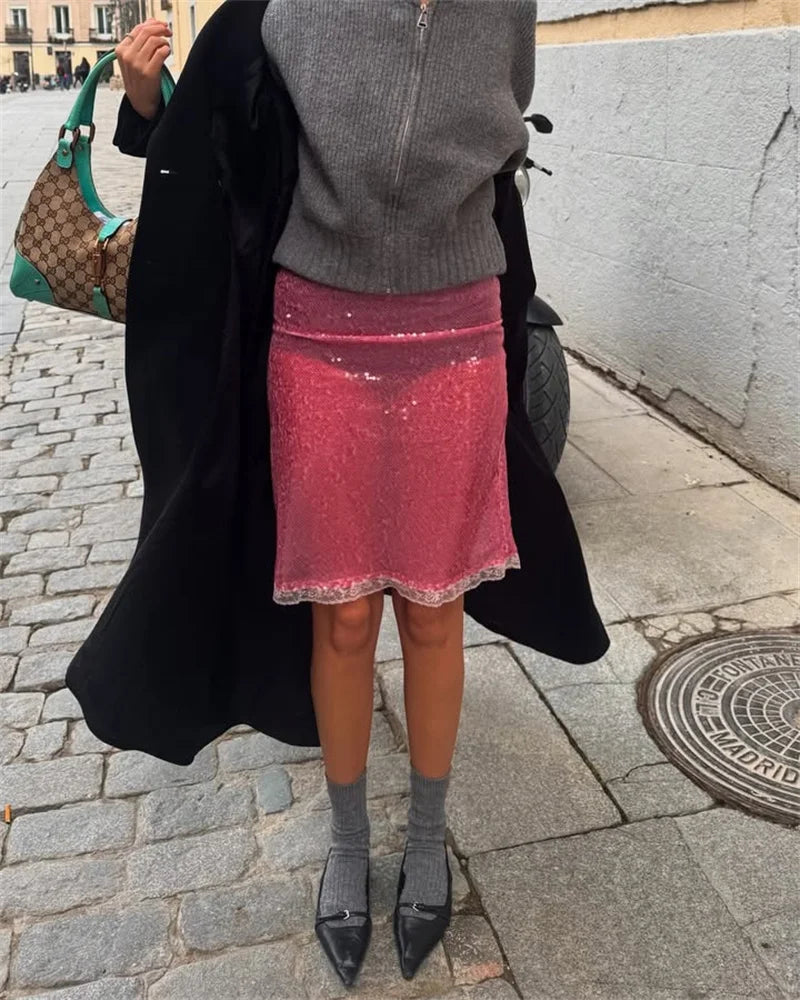 Sequin Summer Beach Sexy Skirt Women Elegant Sparkle High Waist A-line Skirts Female Pink Vacation Club Party Skirt