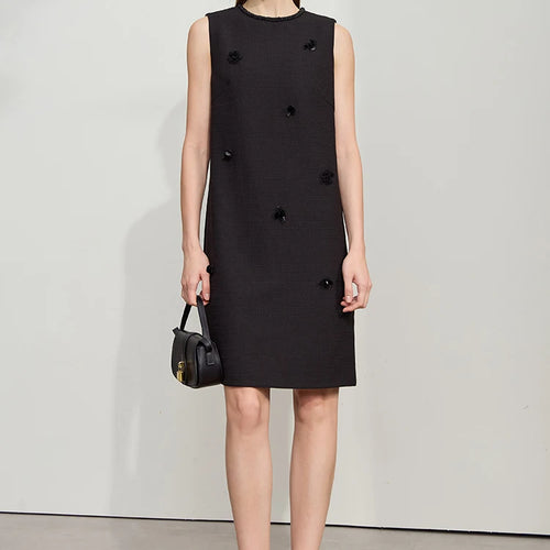 Minimalist Elegant Dress 2025 Summer New Women Office Lady Solid Sleeveless O Neck Beaded Basic Fashion Robe 12522055