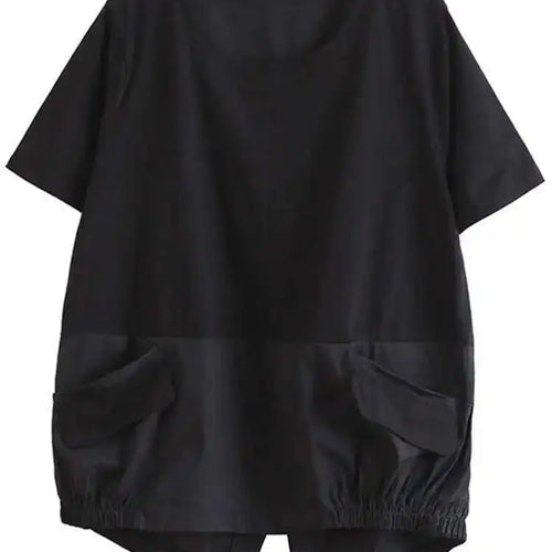 Load image into Gallery viewer, Women Black Big Size Irregular Spliced Pockets T-shirt New Round Neck Short Sleeve Fashion Tide Spring Summer 2025 1DD8085
